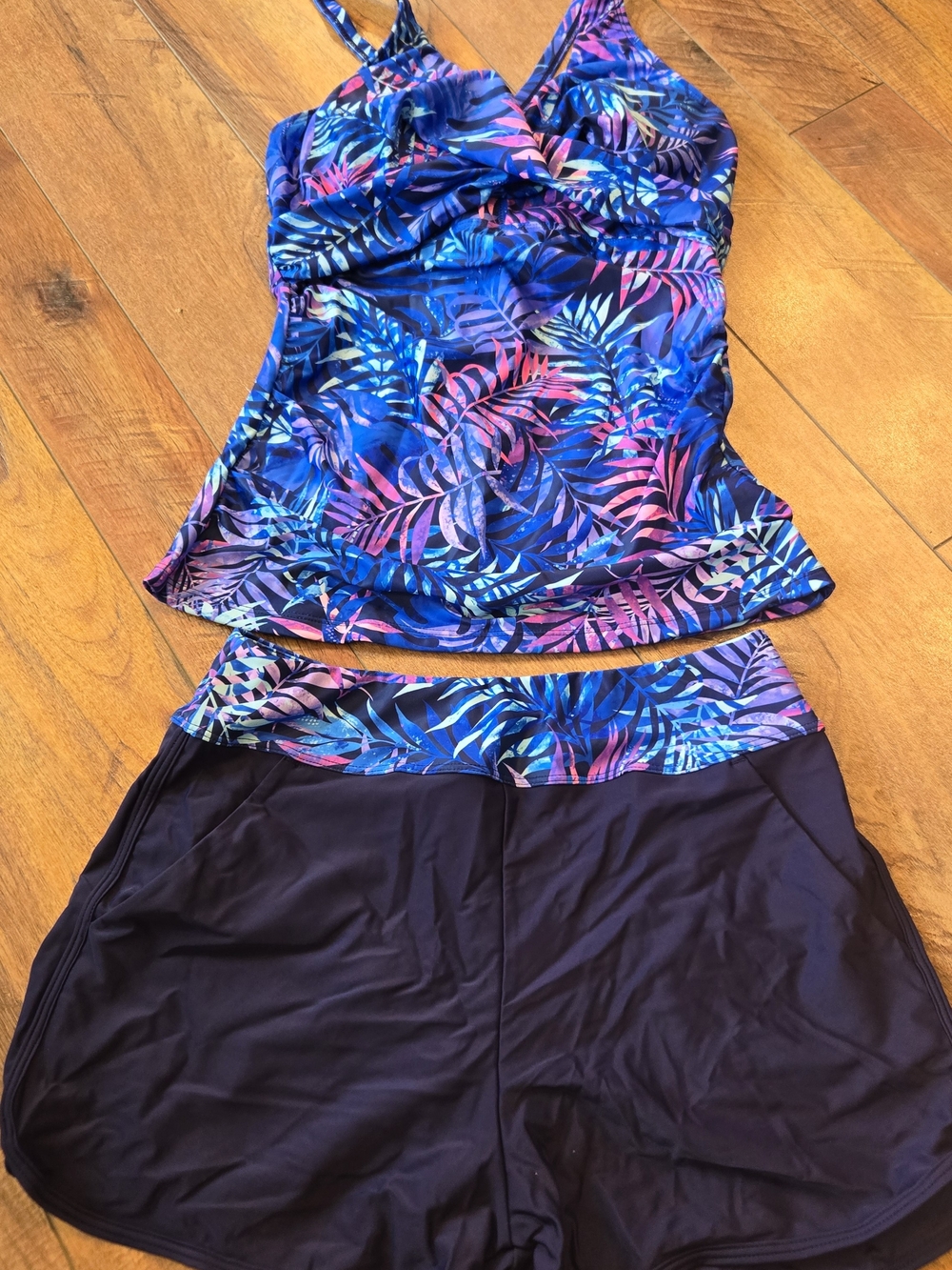 Tropical Print Tankini Top & Blue Swim Shorts - Blue/Pink